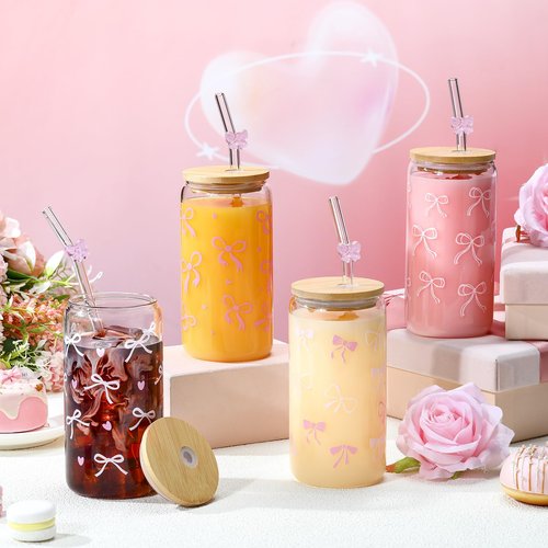 Yetene 4 Set 16 oz Coquette Bows Glass Cups with Lids and Bows Straws Cleaning Brushes Aesthetic Iced Coffee Cup Reusable Mug for Women Sister Birthday Gift Not Dishwasher Safe(Pink,Bow)