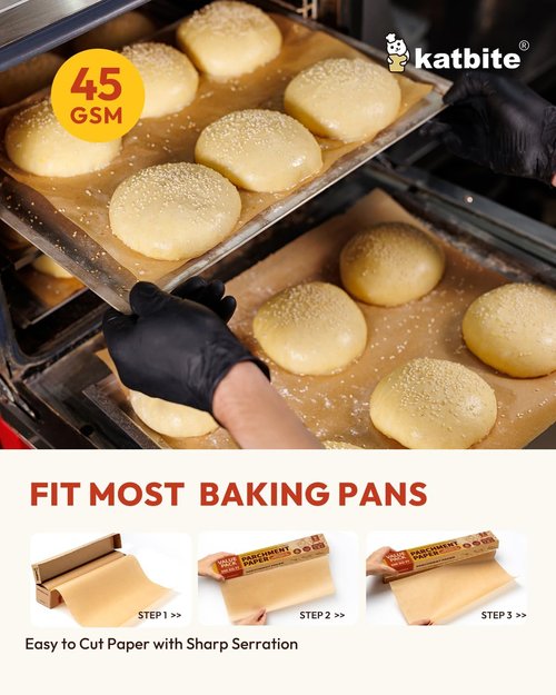 Katbite Unbleached Parchment Paper Roll - 15in x 242ft | 300 Sq.Ft Non-Stick Baking Paper with Serrated Cutter