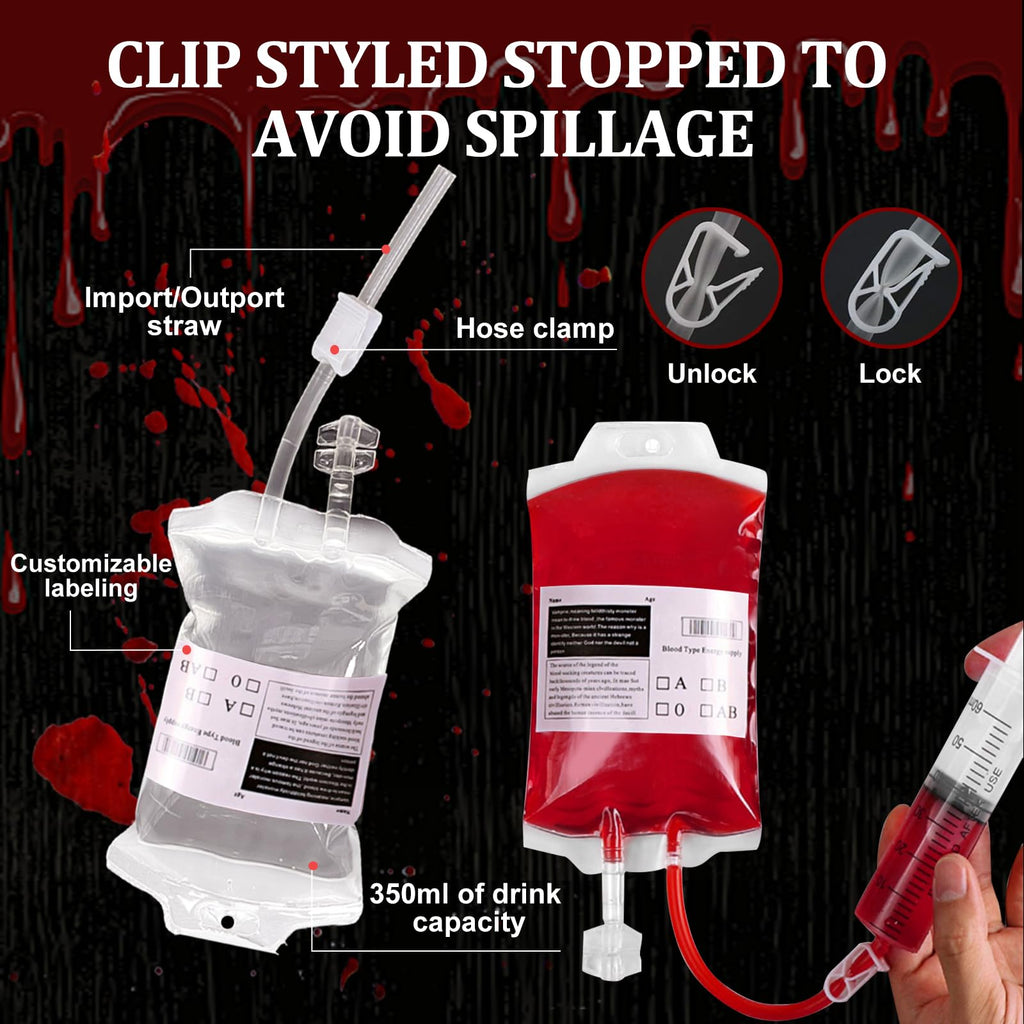 12 Pack Halloween Blood Bag Drink Containers, Reusable IV Blood Bags Pouches for Vampire Cosplay, Nurse, Medical, Horror Party Decorations, Doctor Nursing/RN Graduation, 12 Fl. Oz. Each + 2 Syringes