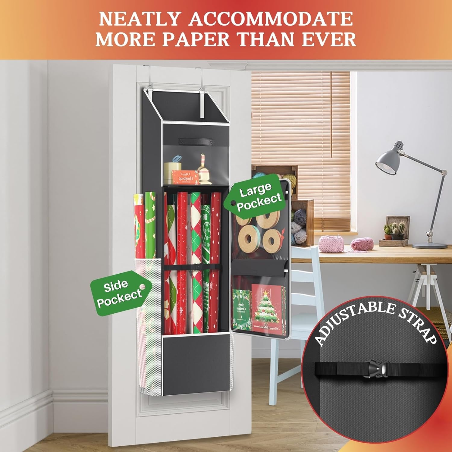 Ofiray Home 2-in-1 Wrapping Paper Organizer - Over Door or Under Bed Storage with Removable Drawer & 4 Clear Pockets for Ribbons and Bows