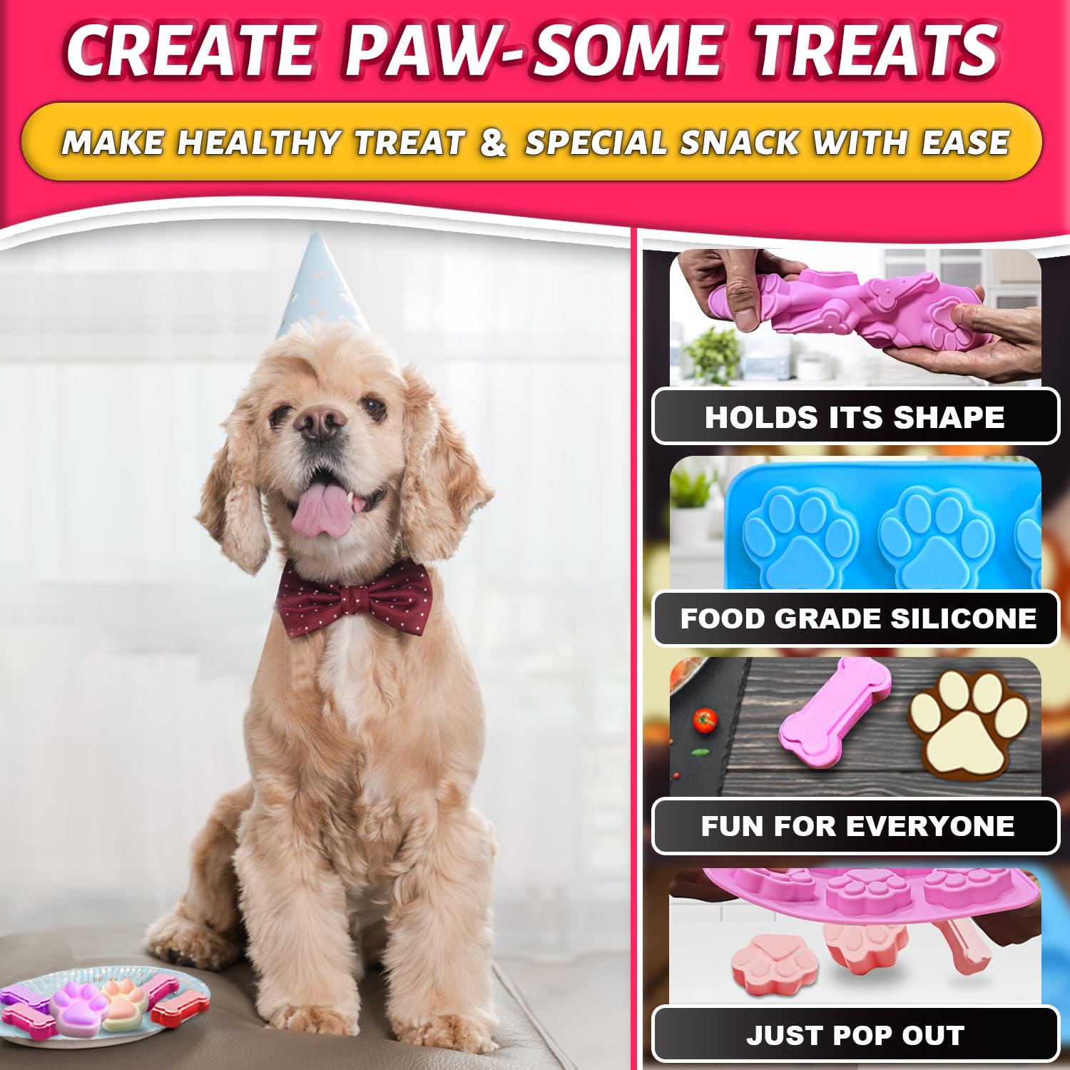 Ossryta 3Pcs Puppy Paw & Bone Silicone Molds - Non-Stick Candy Mold, Reusable Ice Cube Molds for Frozen Dog Treats, Chocolate, Jelly, Biscuit - Food Grade 2-in-1 Dog Treat Mold for Baking and Freezing