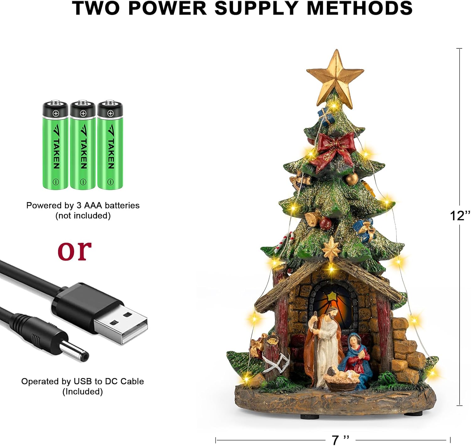 VISFLAIR 12'' Lighted Christmas Tree Nativity Scene - Musical Holy Family Figurines with LED Lights