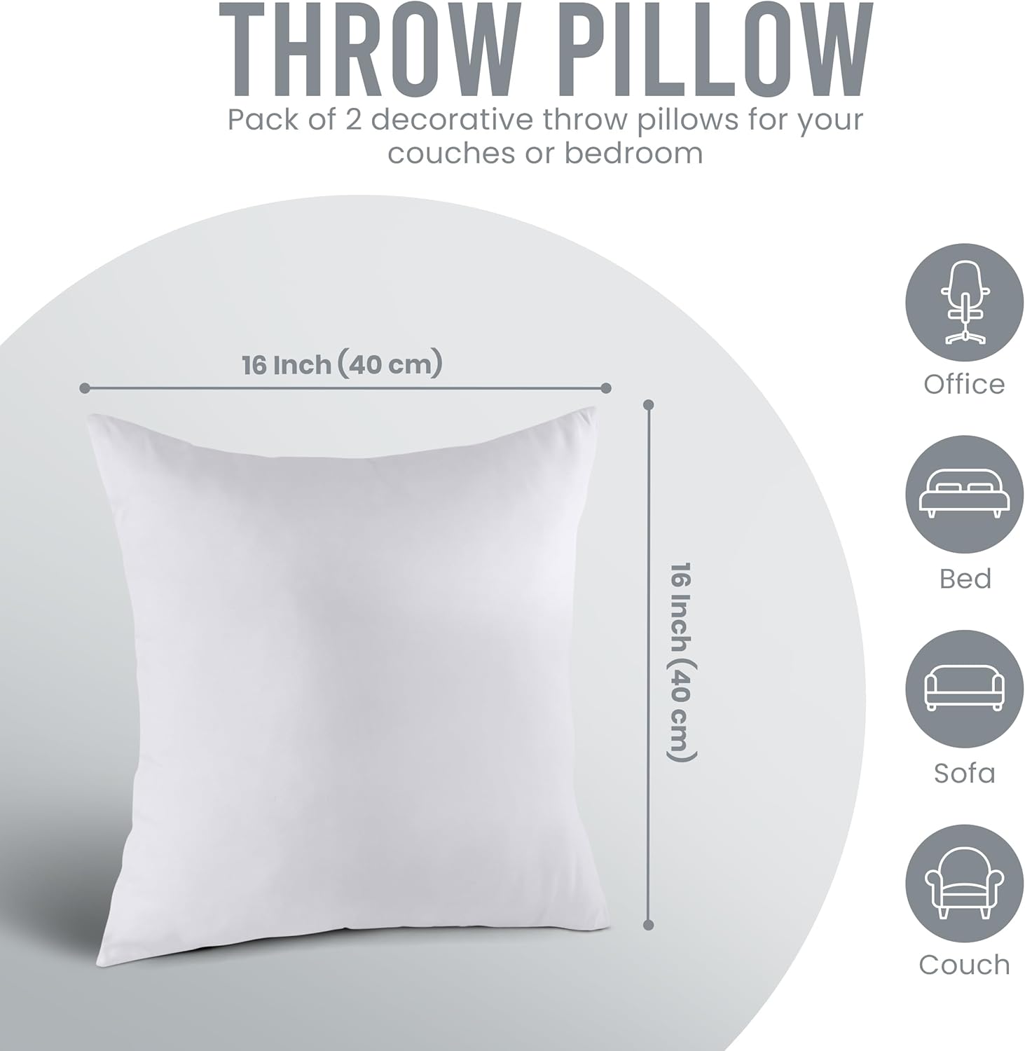 Utopia Bedding 16x16 Pillow Inserts - Set of 2 White Decorative Throw Pillows for Sofa & Couch - Soft & Fluffy Cushions