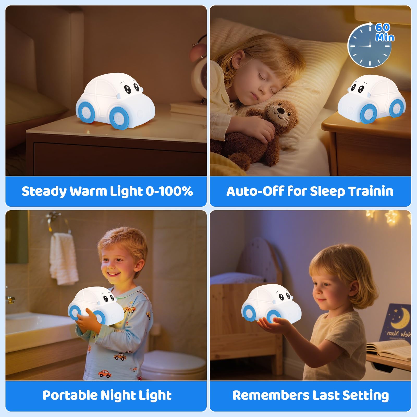 GAGBC Car Night Light for Kids, Tap Control, Color Change, 15/30/60 Min Timer, Dimmble, USB-C Rechargeable Squishy Night Light, Cute Night Lamp for Boys, Girls (car)