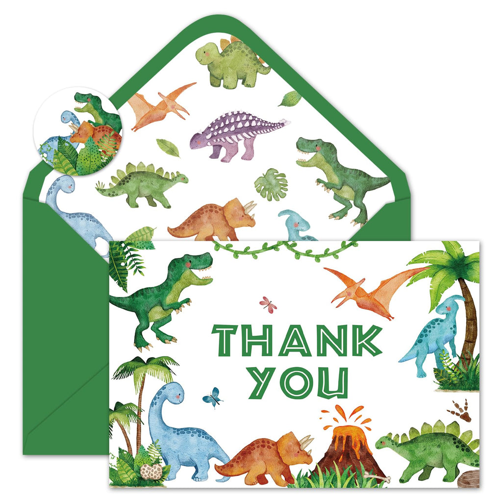 Whaline 24 Pack Dinosaur Thank You Cards Watercolor Green Jurassic Greeting Card with Envelopes Sticker Cute Animal Blank Note Card for Baby Shower Party Invitation Supplies, 4 x 6 Inch