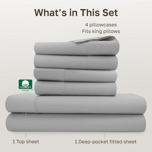 California Design Den King Size Sheet Set - Soft 400 Thread Count 100% Cotton, Deep Pocket | Light Grey, 6-Pc with 4 Pillowcases