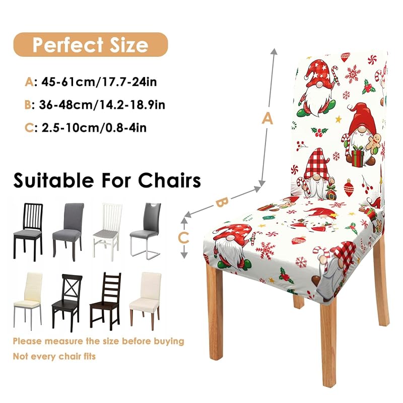 Christmas Gnome Chair Covers Set of 4 - Winter Snowflake Holly Elastic Dining Chair Covers (Variation: Christmas Gnome+4 Pieces)