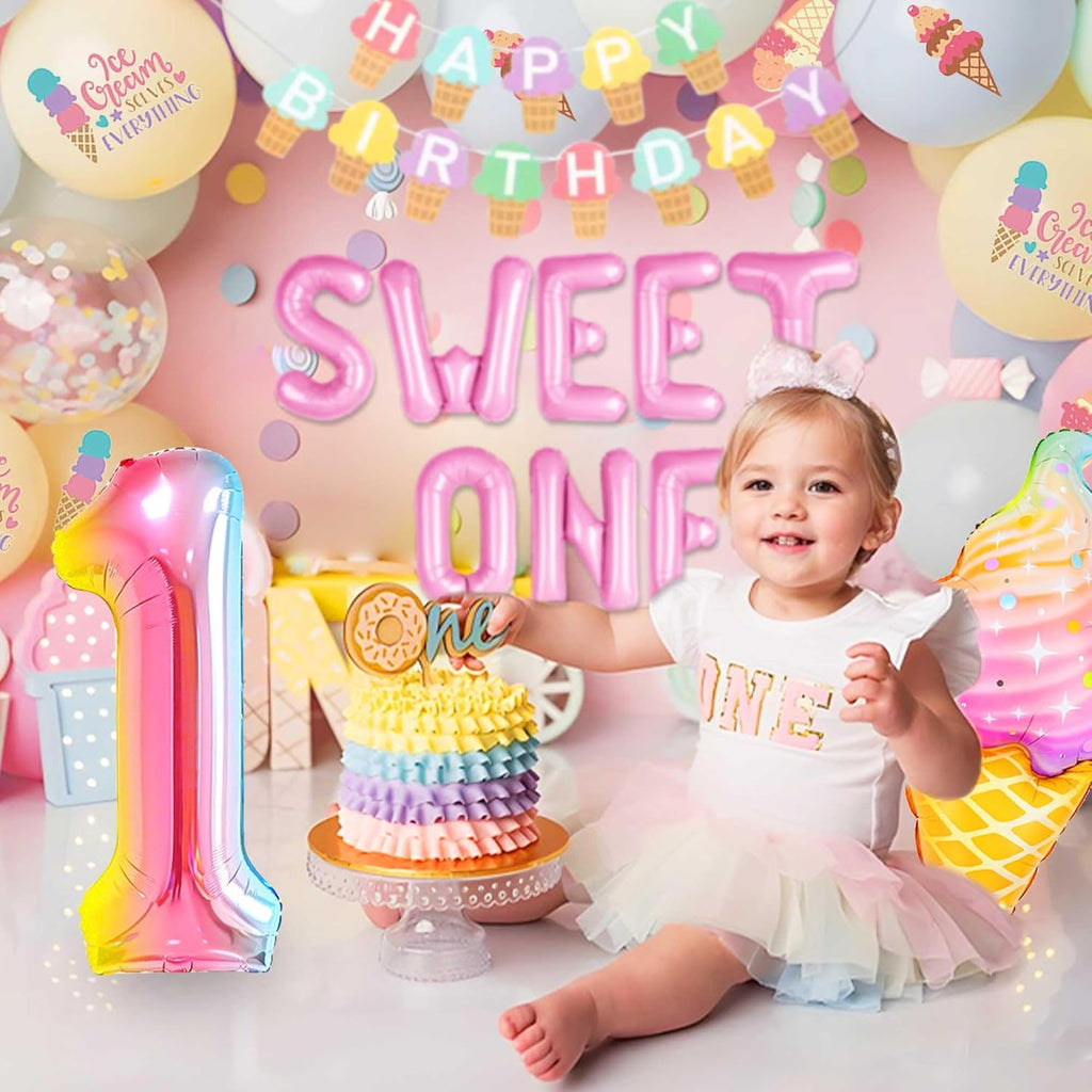 Sweet One 1st Birthday Decorations for Girls - Donut & Ice Cream Theme Party Supplies Set