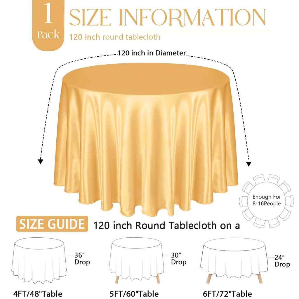 KKJIAF 4 Pack 120 Inch Round Tablecloth Satin Gold Round Table Cover, Silky Satin Dining Table Cloth for Wedding, Party, Banquet, Restaurant, Formal Events
