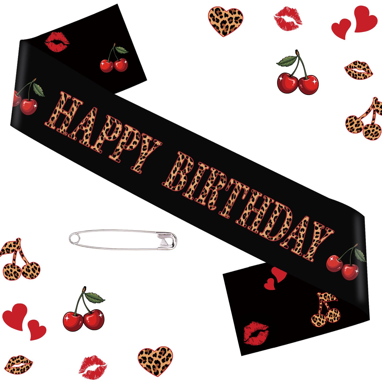 OWWOPATS Cheetah Cherry Happy Birthday Sash, Leopard Satin Sash Birthday Decorations Red and Black Party Decorations for Women and Girls