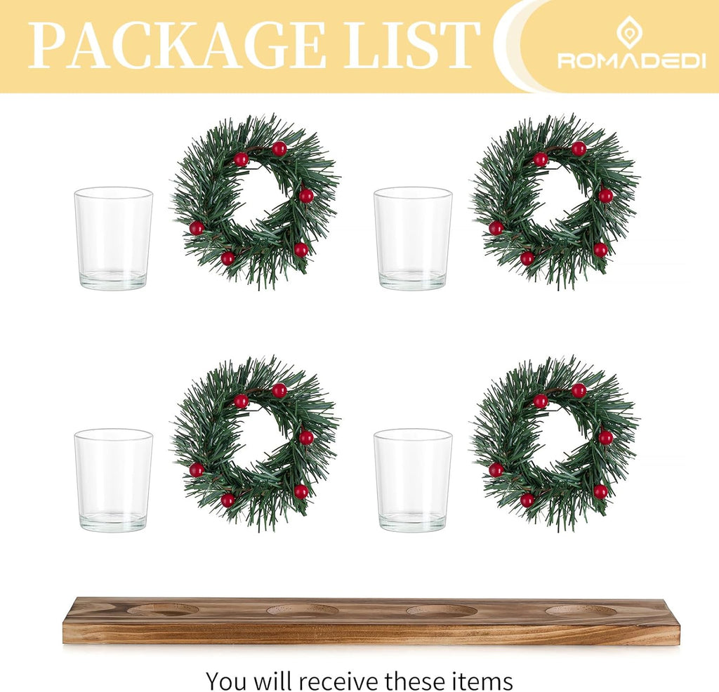 Romadedi Christmas Candle Holder - Rustic 4 Tealight Holders with Mini Wreaths | 16.5-Inch Wooden Tray for Table Centerpiece Decor