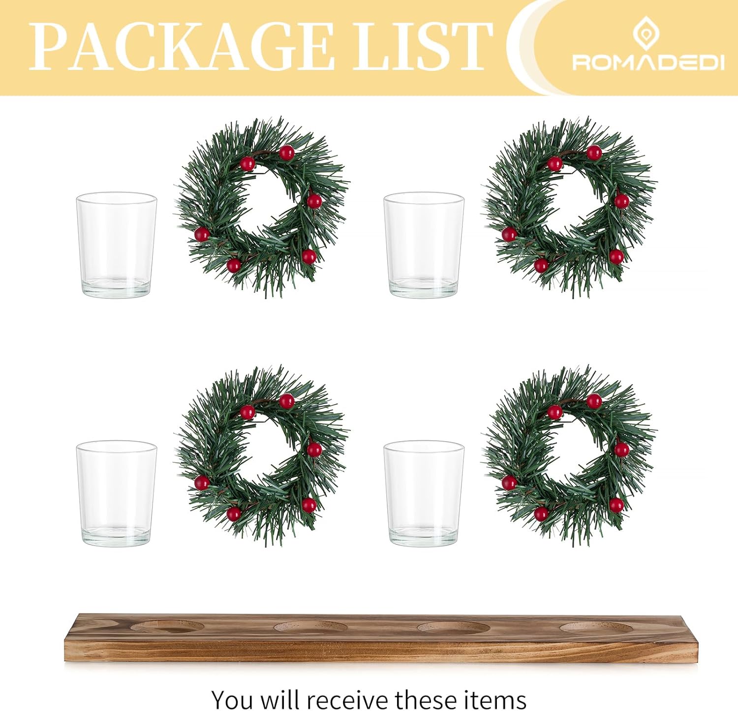 Romadedi Christmas Candle Holder - Rustic 4 Tealight Holders with Mini Wreaths | 16.5-Inch Wooden Tray for Table Centerpiece Decor