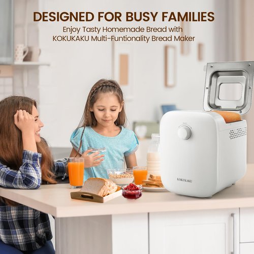 KOKUKAKU 22-In-1 Compact Automatic Bread Maker Machine, 1LB/1.5LB Programmable 2 Loaf Sizes, 3 Crust Colors, Small Digital Home Bakery with Dough, Cake, Jam, Yogurt, Non-stick Pan, White