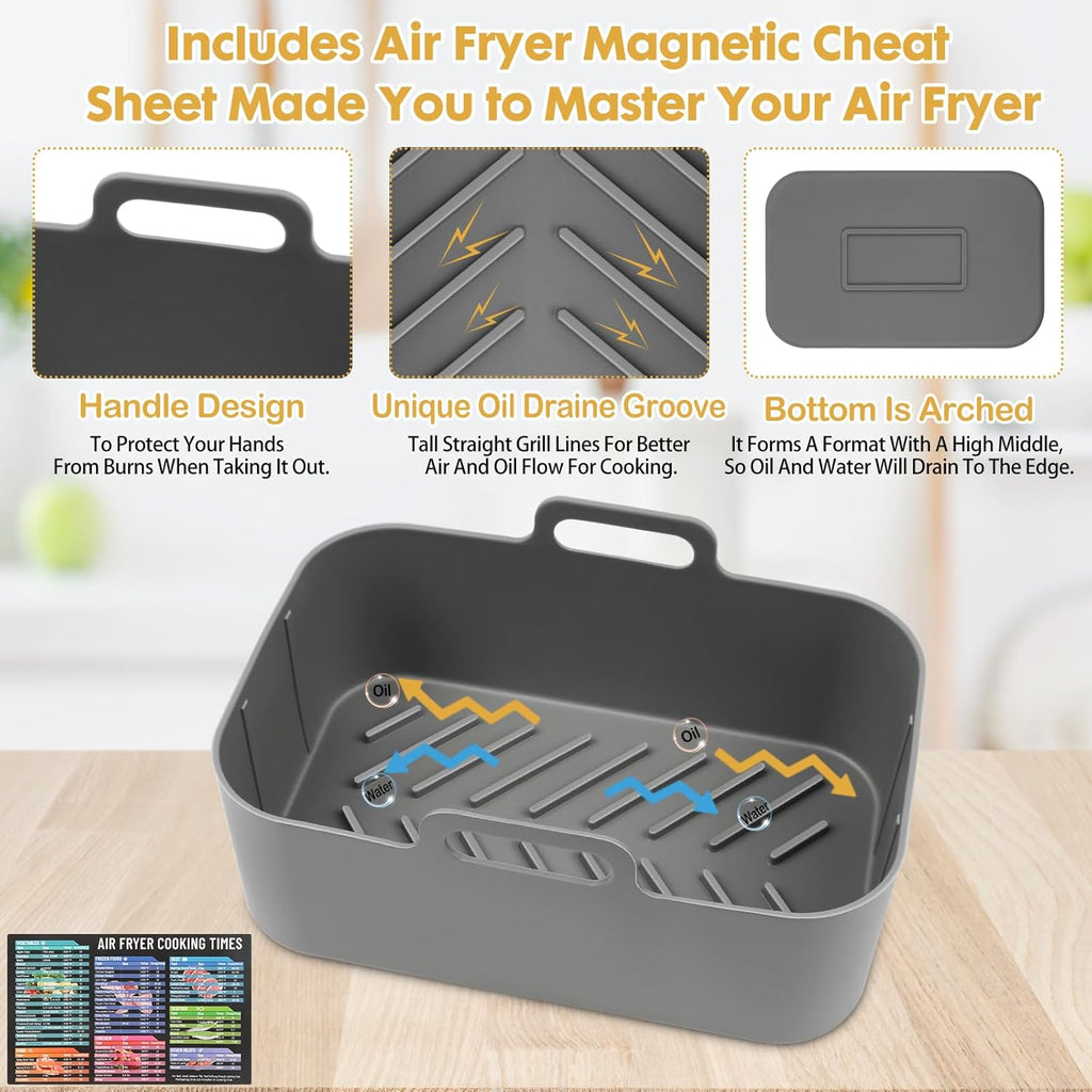 Skiennix Silicone Air Fryer Liners - Reusable Rectangular Basket Inserts for Ninja DZ550/DZ401 | 2 Pcs Grey