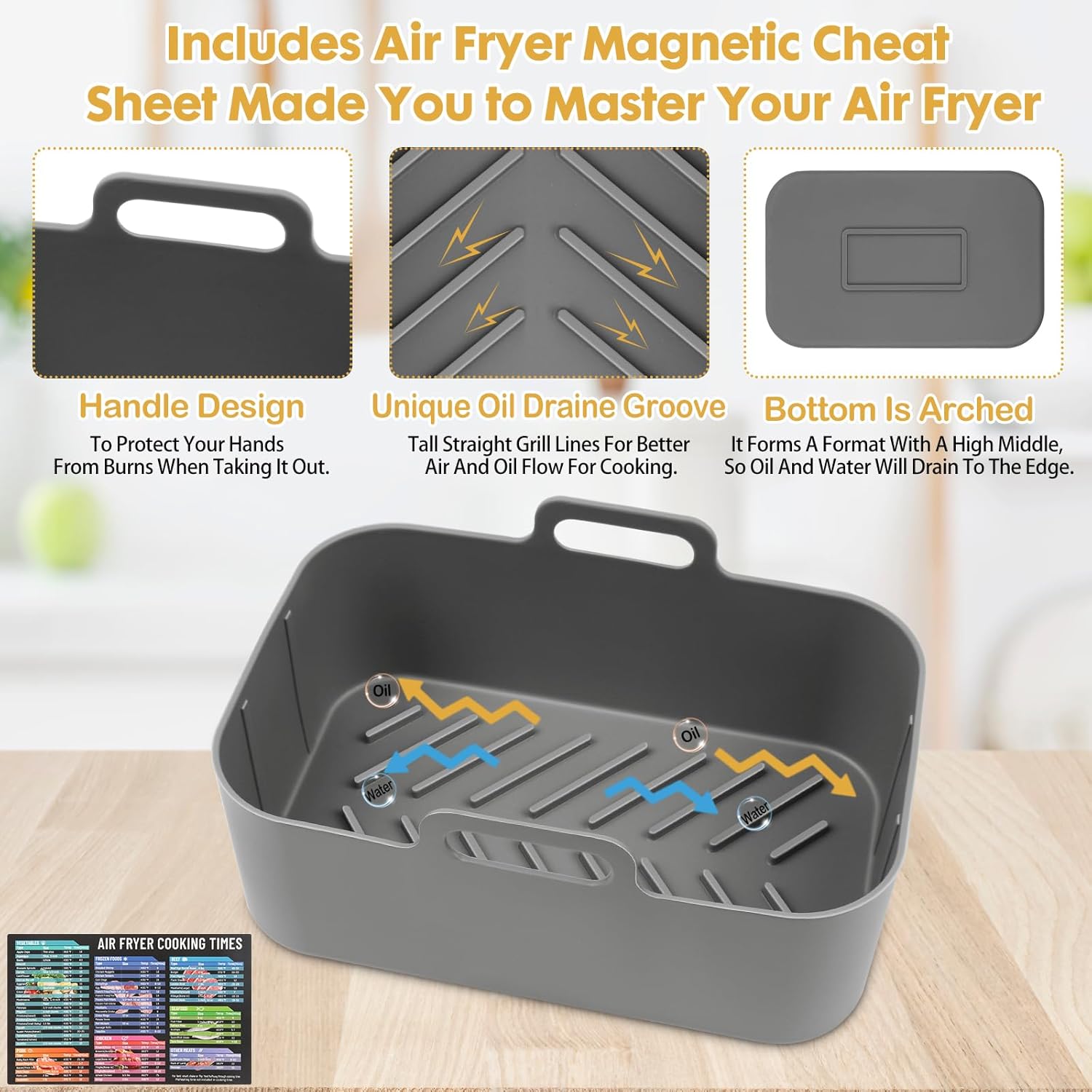 Skiennix Silicone Air Fryer Liners - Reusable Rectangular Basket Inserts for Ninja DZ550/DZ401 | 2 Pcs Grey