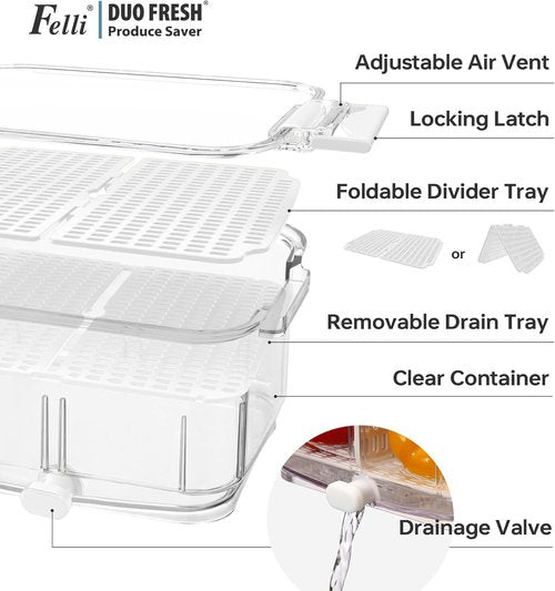 Felli Duo Fresh Produce Saver - Fruit & Vegetable Storage Container with Vent & Drainage | Refrigerator Keeper