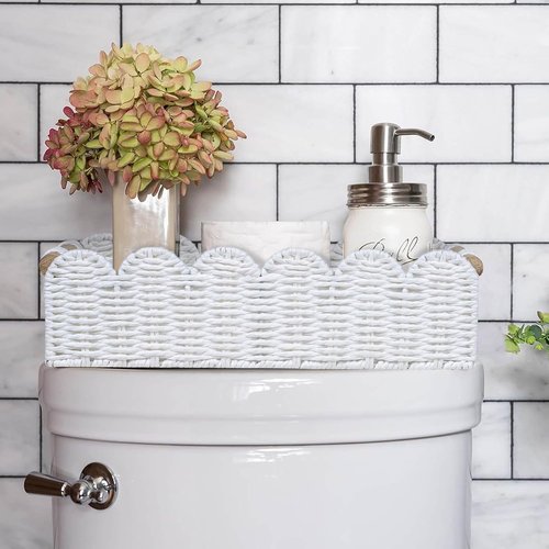 CubesLand Scalloped Edge Toilet Paper Storage Basket - Cozy Home Decor | White with 2 Wooden Handles