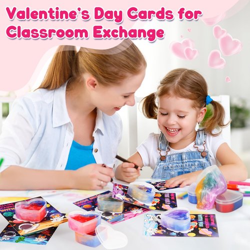28 Pack Valentines Day Cards for Kids School - Galaxy Slime Stress Relief Fidget Toys, Perfect Classroom Exchange Gifts & School Party Favors, Kids Valentines Day Gifts for School Classroom