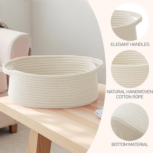 JMvicyroam Woven Storage Baskets - Small Rope Bins with Handles for Organizing Shelves | White, 3-Pack