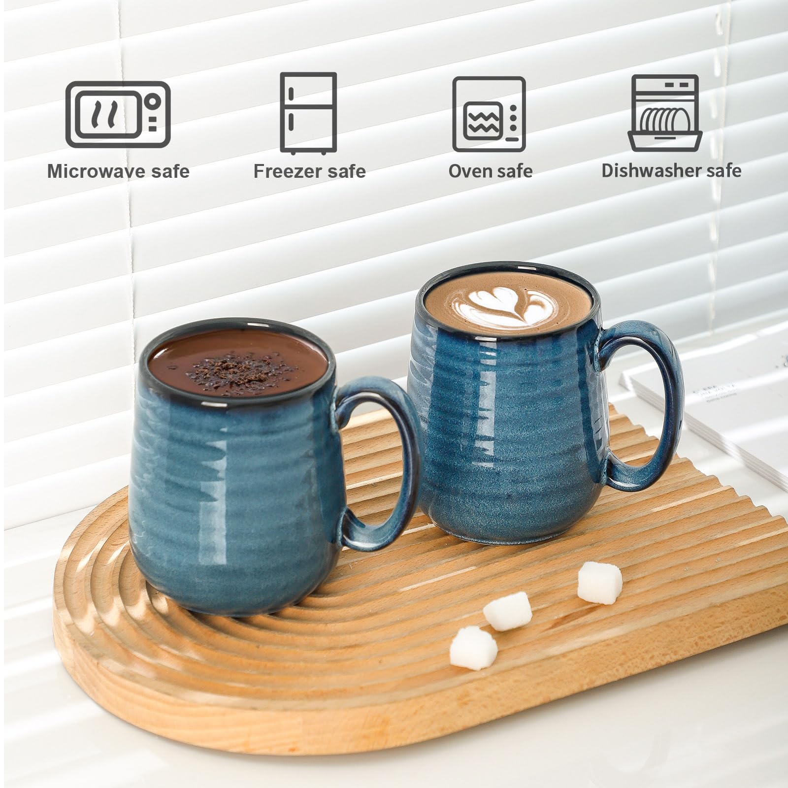 HASENSE Ceramic Coffee Mugs Set of 6, 15oz Large Coffee Mugs with Handle, Coffee Cups for Coffee, Tea, Latte & Cappuccino, Coffee Mugs for Men and Women, Microwave & Dishwasher Safe, Blue