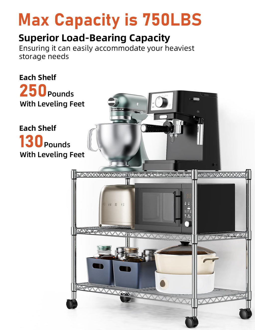 Simple Deluxe Heavy Duty 3-Tier Storage Shelves 750Lb Capacity, 24.02" D x 13.78" W x 29.92" H Adjustable Shelving Unit with Wheels, Chrome
