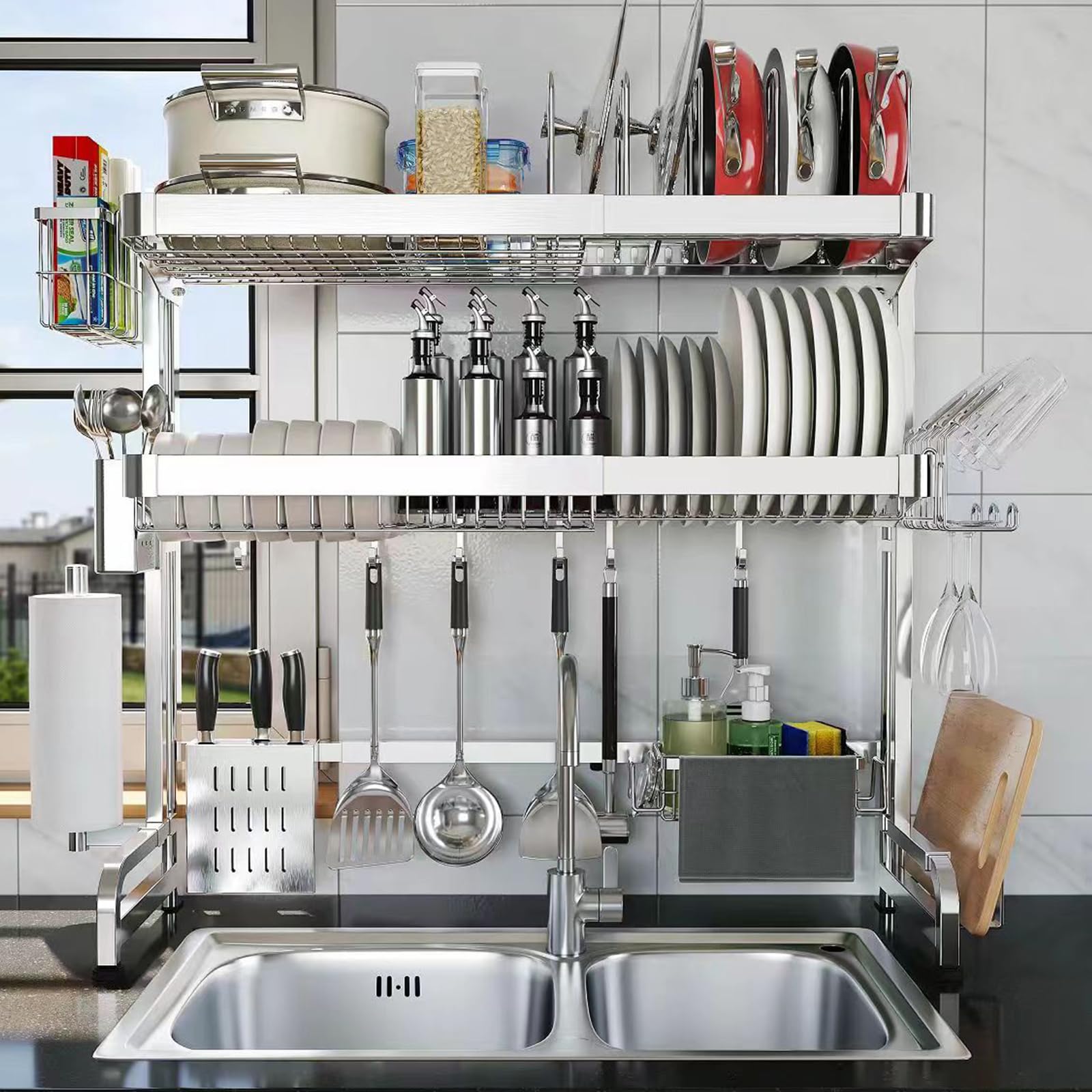Shrivee Over The Sink Dish Drainer Drying Rack, Full Stainless Steel 3-Tier Adjustable Length Over Sink Dish Drying Rack, Large Capacity Dish Rack Over Sink for Kitchen Counter, Pots & Pans Rack