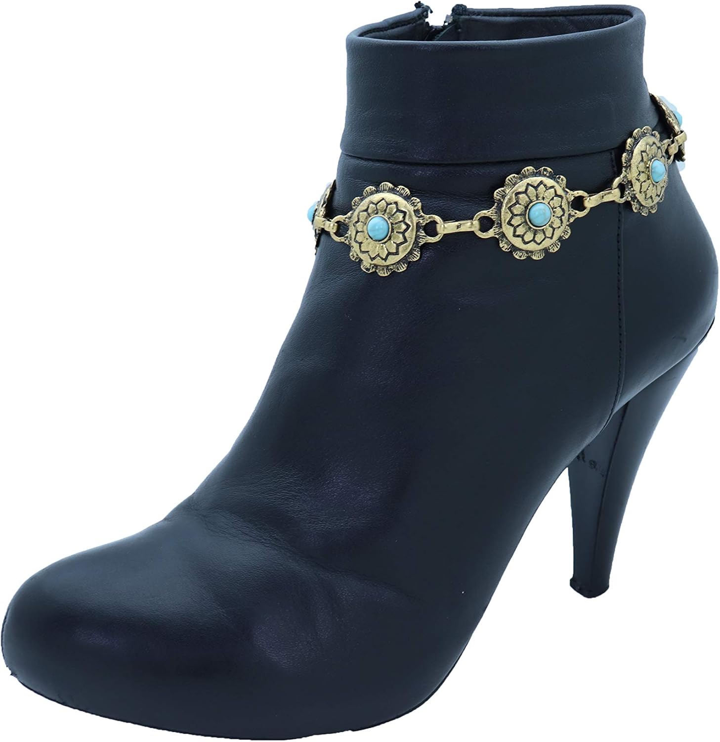 Skiennix Women's Western Antique Metal Boot Chain Anklet - Turquoise Blue Bead Flower Charm