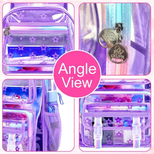 UFNDC 3PCS Clear School Backpack, Girls Star Purple Transparent Bookbag Heavy Duty, See Through PVC Bag