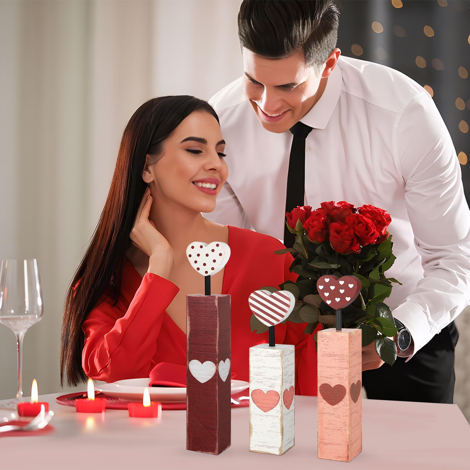 Valentine's Day Table Decorations 3 PCS Red Heart Tiered Tray Decor Wooden Rustic Valentine's Day Decor for Wedding Party Supplies (Candle.A)