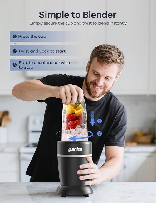 Ganiza Blender for Smoothies - 1300W Portable Ice Crushing & Grinding Blender with 2 Cups (37 oz & 23 oz)