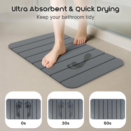 ArtyCozy Large Foldable Stone Bath Mat 28''×17'' with Non-Slip Rubber Base, Super Absorbent Quick Drying Diatomaceous Earth Mat for Bathroom, Easy to Store, Easy to Clean, Grey