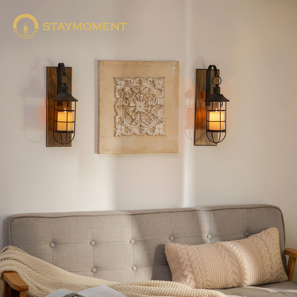 Staymoment Wall Sconces Candle Holder: Set of 2 Farmhouse Wall Lantern Decor Wood Brown Decorations Indoor for Living Room Front Door Porch