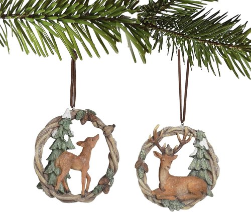 Braxio Christmas Tree Ornaments - Set of 2 Resin Woodland Deer in Wreath | Brown & Sage Green
