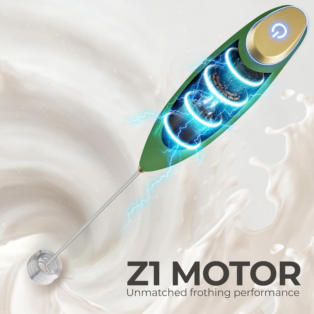 Zulay Kitchen Milk Frother - Patented Tornado Triple Whisk for Rich, Creamy Foam - Olive & Gold