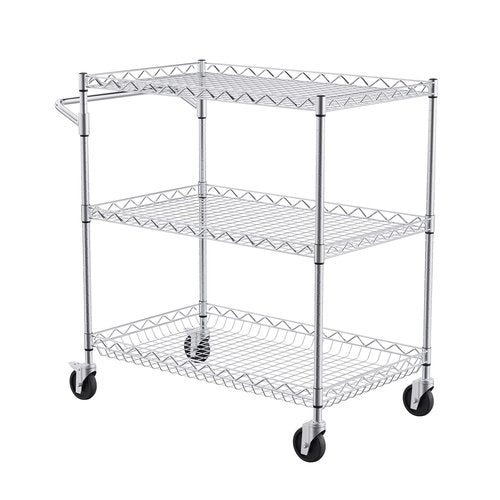 VEVOR Kitchen Utility Cart, 3 Tiers, Wire Rolling Table with 661 LBS Capacity, Steel Service Desk on Wheels, Metal Storage Trolley with 80 mm Deep Basket Curved Handle 6 Hooks