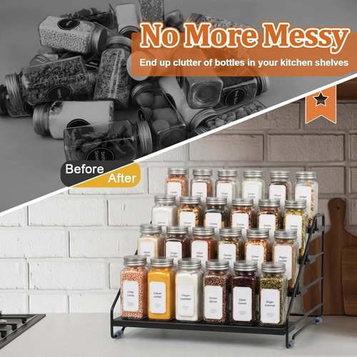 AVMDOM 4 Tier Spice Rack Organizer for Cabinet, Step Adjustable Spice Shelf Seasoning Organizer with Non Slip Tiers, Expandable Metal Spice Rack for Kitchen Countertop, Pantry, Cupboard – Black