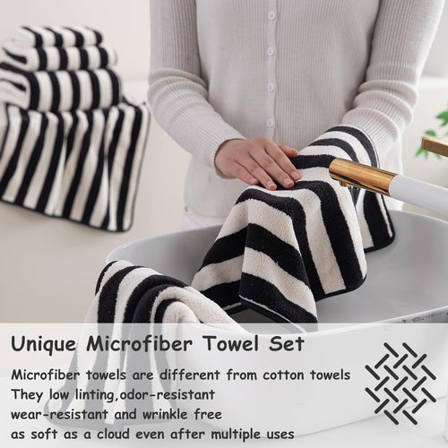 18 Pcs Black White Cabana Stripe Family Towels Set-6 Bath Sheets,6 Hand Towels,6 Washcloths Soft Jumbo Bathroom Towels Absorbent Shower Towel Quick Dry Beach Chair Towel Spa Gym Hotel Towel Set