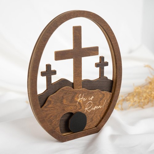 He is Risen Gifts for Adults, Easter Decor Resurrection Scene Empty Tomb, Christian Table Decorations Indoor, Catholic Cross Jesus Religious Easter Gifts Decor (Walnut Wood)