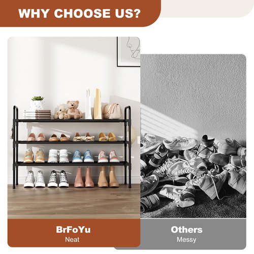BrFoYu Long Shoe Rack for Closet, 12-16 Pairs Stackable Shoe Organizer, Shoe Shelf Storage for Sneakers & Boots Shoe Storage for Entryway Dorm Garage, Black, with 5 Hooks