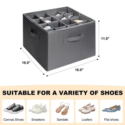 JeasEagn Fabric Shoe Organizer for Closet, Foldable Shoe Storage Bins with Clear Cover, Shoe Container with Adjustable Dividers, Fits up to 16 Pairs, Gray