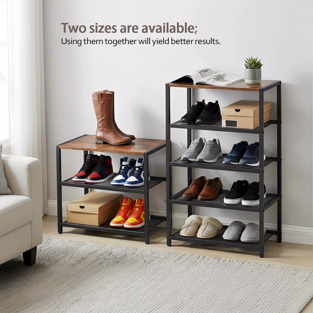 RUNJIMY Narrow Shoe Rack for Front Door Entrance, Entryway, and Closet Shoe Organizer with 4 Sturdy Metal Mesh Shelves and Wooden Top, Holds 10 Pairs, Ideal for Storage or Display