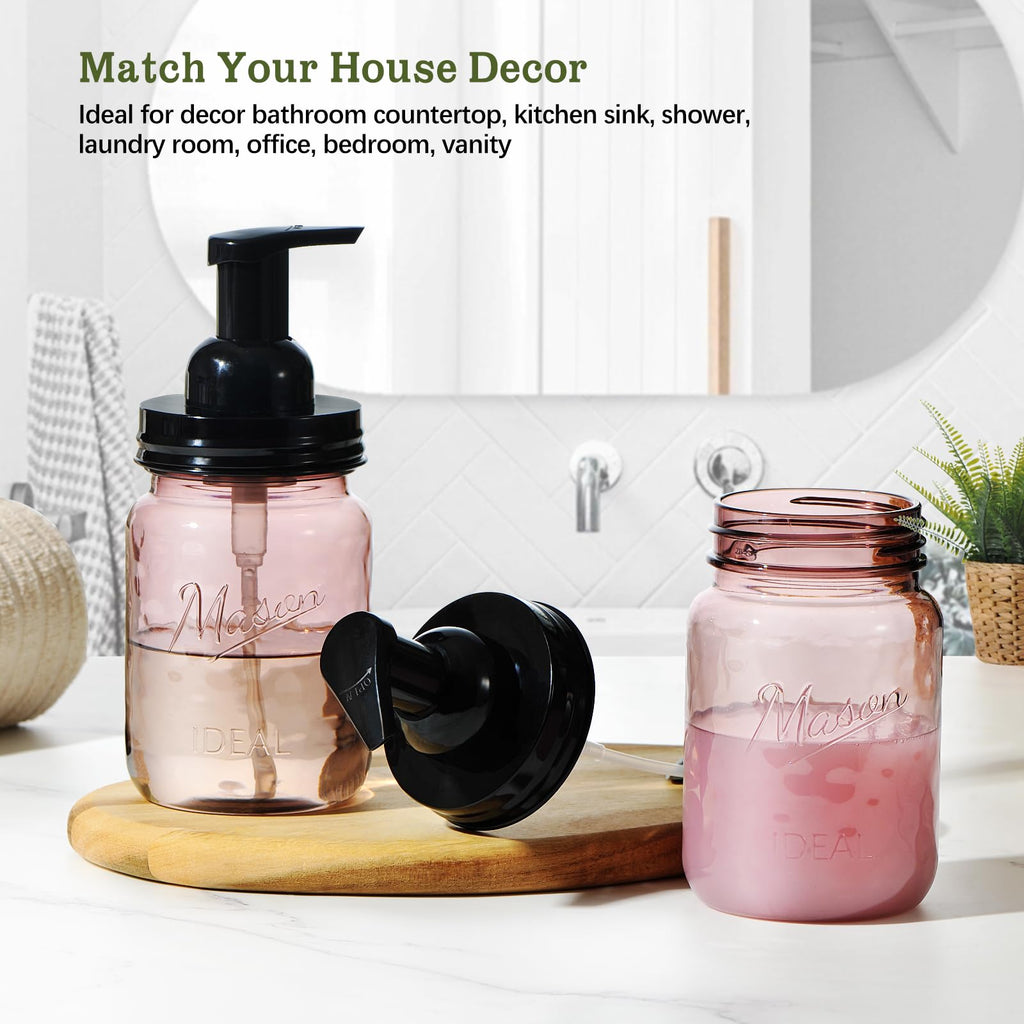 Amolliar Plastic Foaming Soap Dispenser with Pump Lid, 16Oz Refillable Foam Hand Soap Dispenser Set, Clear Dish Soap Bottles with Waterproof Lable for Farmhouse Kitchen Bathroom (2 Pack, Black)