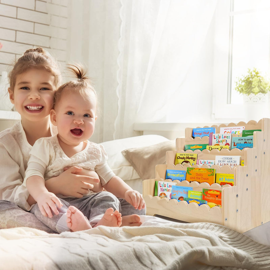 5 Tier Small Wooden Scalloped Shelf for Toddler 1-5 Years, Kids Bookshelf Children Montessori Bookshelf, Durable Baby Toddler Bookcase for Nursery Playroom, 16.9*11.4*15.7"