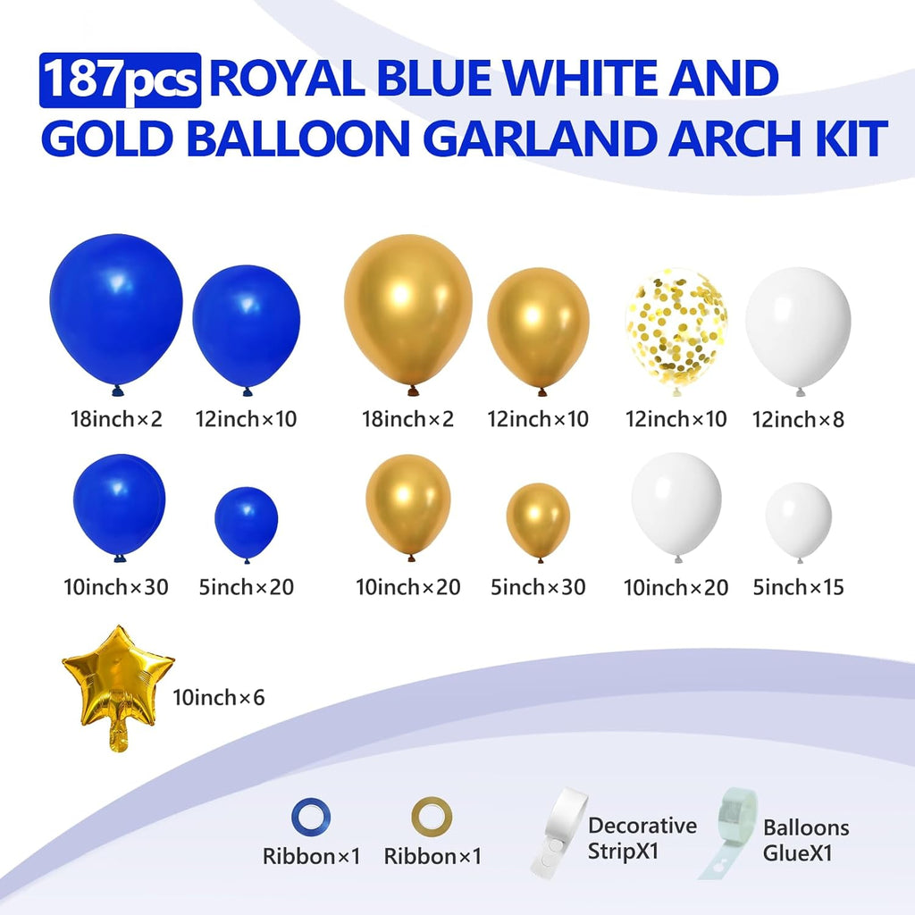 Royal Blue and Gold Balloon Arch Garland Kit by 187PCS - Perfect for Baby Showers, Weddings & Parties | 5-18 Inch Balloons