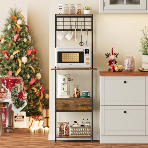 GiftGo Small Coffee Bar Station Narrow Corner Baker Rack Stand with 2 Storage Fabric Drawers 5 S Hooks for Small Spaces Farmhouse Bakers Rack for Kitchen, Entryway, Living Room (Brown, Narrow)
