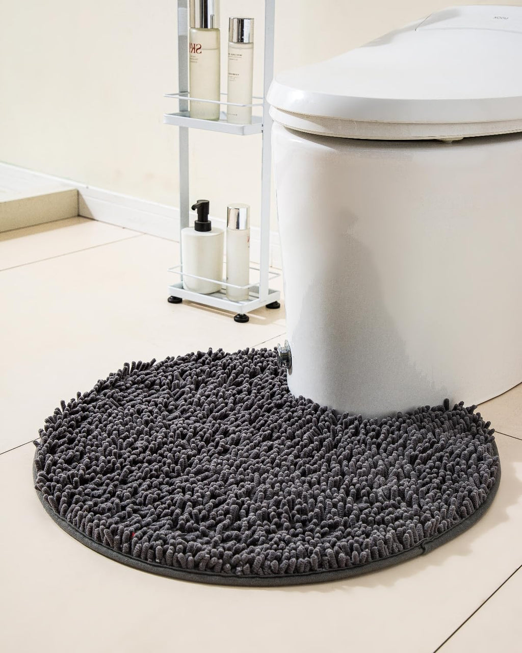 Puniamol Soft Shaggy Round Toilet Rug U Shaped for Bathroom, Excellent Absorbent Contour Toilet Mat Machine Washable, Non-Slip Microfiber Chenille Bathroom Rugs 24" Dark Grey