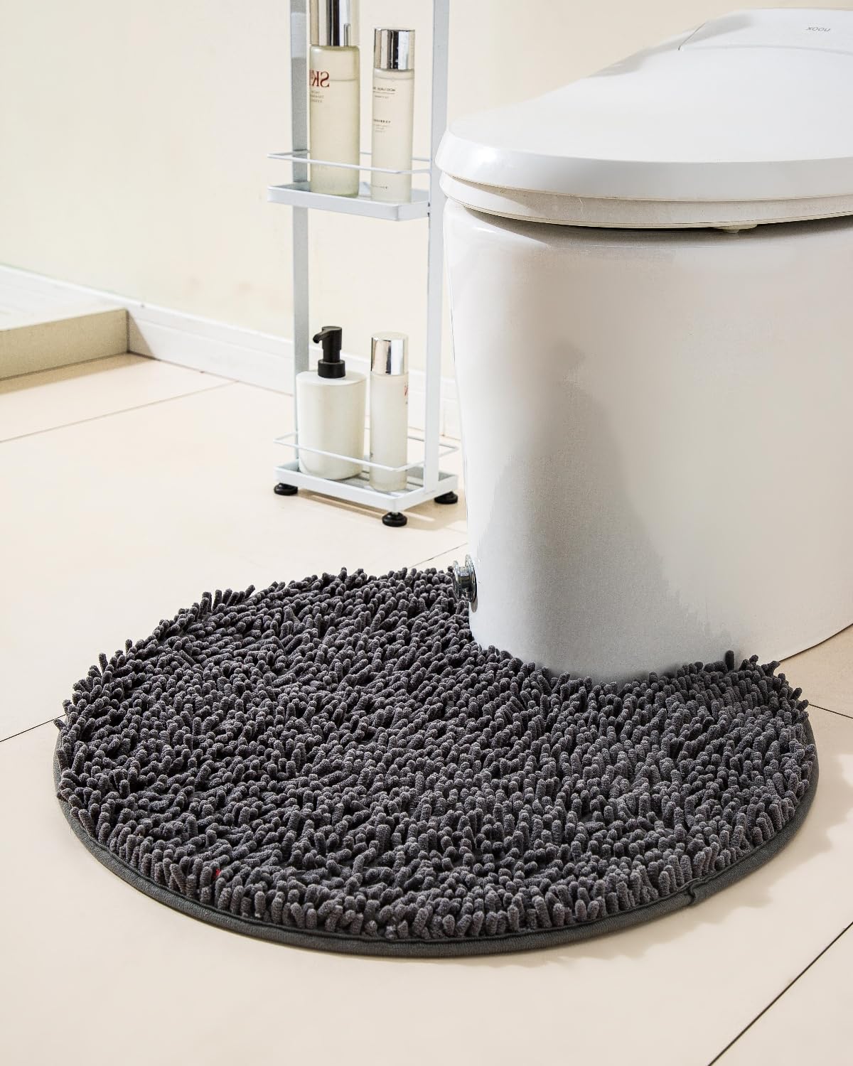 Puniamol Soft Shaggy Round Toilet Rug U Shaped for Bathroom, Excellent Absorbent Contour Toilet Mat Machine Washable, Non-Slip Microfiber Chenille Bathroom Rugs 24" Dark Grey