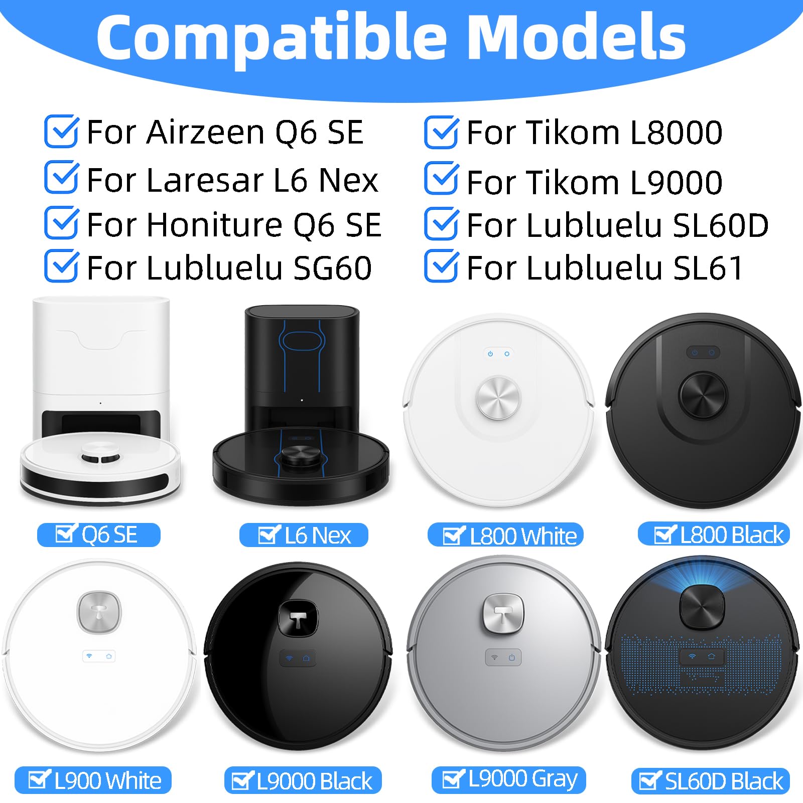 20-Piece L9000 Replacement Parts Compatible with Tikom L9000, L8000, Lubluelu SL60D, Laresar L6 Nex, Honiture Q6 SE Robot Vacuum Accessories, 2 Main Brushes, 6 Side Brushes, 6 HEPA Filters, 6 Mop Pads