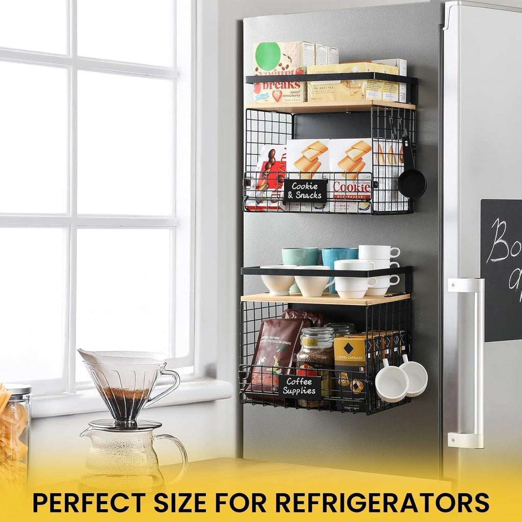 WIDER SHELF Magnetic Shelf Basket Set - XXL Large Bamboo Top Spice Rack for Fridge & Pantry Storage