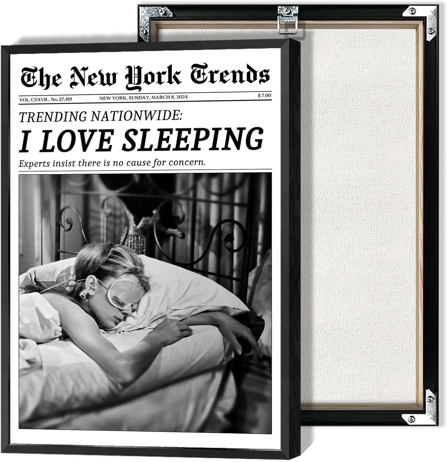 Vintage I Love Sleeping Canvas Wall Art - Black & White New York Headline Print | 8x10in Framed Decor
